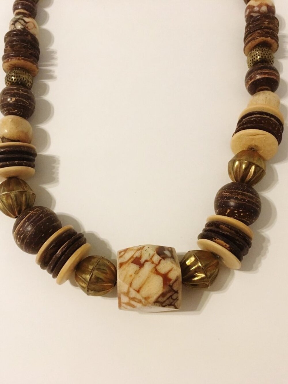 Stone Metal Wood Necklace Beaded Brown Gold Tan Round Flat Discs Handcrafted